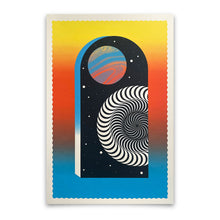 Load image into Gallery viewer, Surreal poster with a stylized planet and spiral design on a gradient background