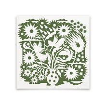 Load image into Gallery viewer, Decorative paper cutout with green and white floral and animal patterns on a white background