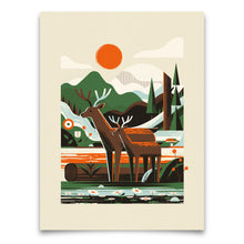 Load image into Gallery viewer, Illustration of two deer in a forest with mountains and a lake.