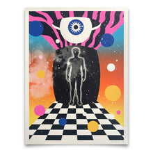 Load image into Gallery viewer, Colorful abstract artwork with a silhouette of a person on a checkered floor, surrounded by cosmic elements.
