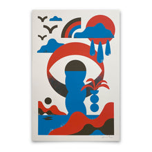 Load image into Gallery viewer, Abstract artwork with blue, red, and black shapes on a white background
