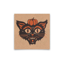 Load image into Gallery viewer, Halloween-themed print with a black cat and pumpkin design on a brown background
