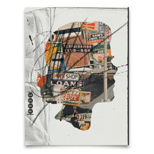 Load image into Gallery viewer, Artistic collage of a face made from various signs and advertisements on a white background
