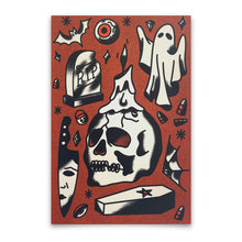 Load image into Gallery viewer, Halloween-themed design with skull, ghost, and tombstone on a red background
