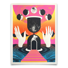 Load image into Gallery viewer, Abstract artwork with a black figure, white hands, and colorful background
